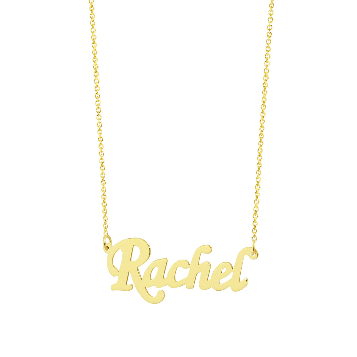 Dainty solid 14k gold personalized cursive name necklace pendant featuring the name Rachel.