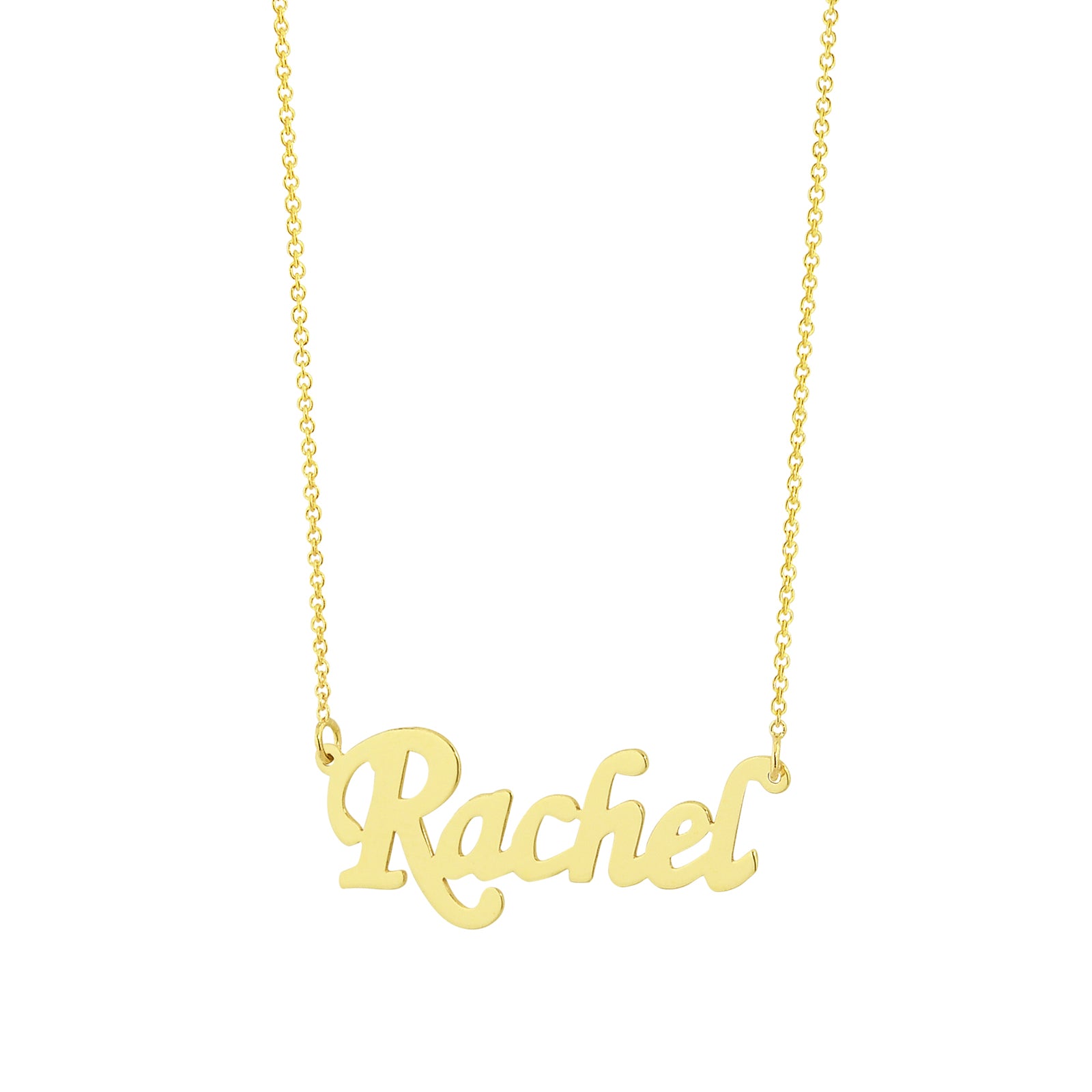 Dainty solid 14k gold personalized cursive name necklace pendant featuring the name Rachel.