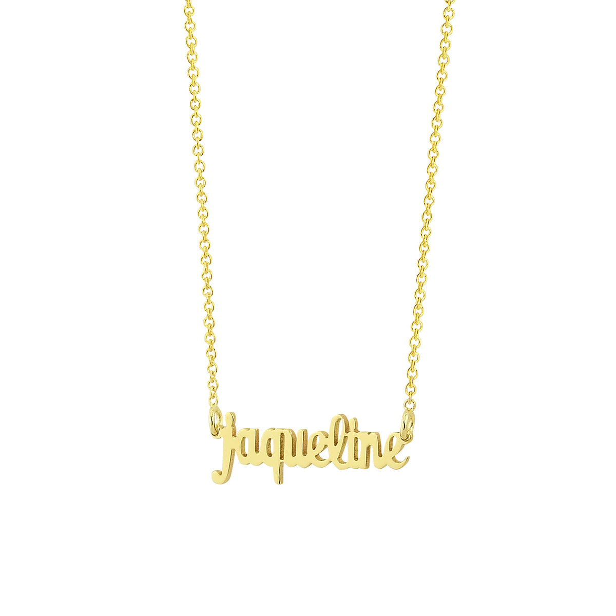 Extra small solid gold personalized name necklace with Jacqueline script pendant and cable chain