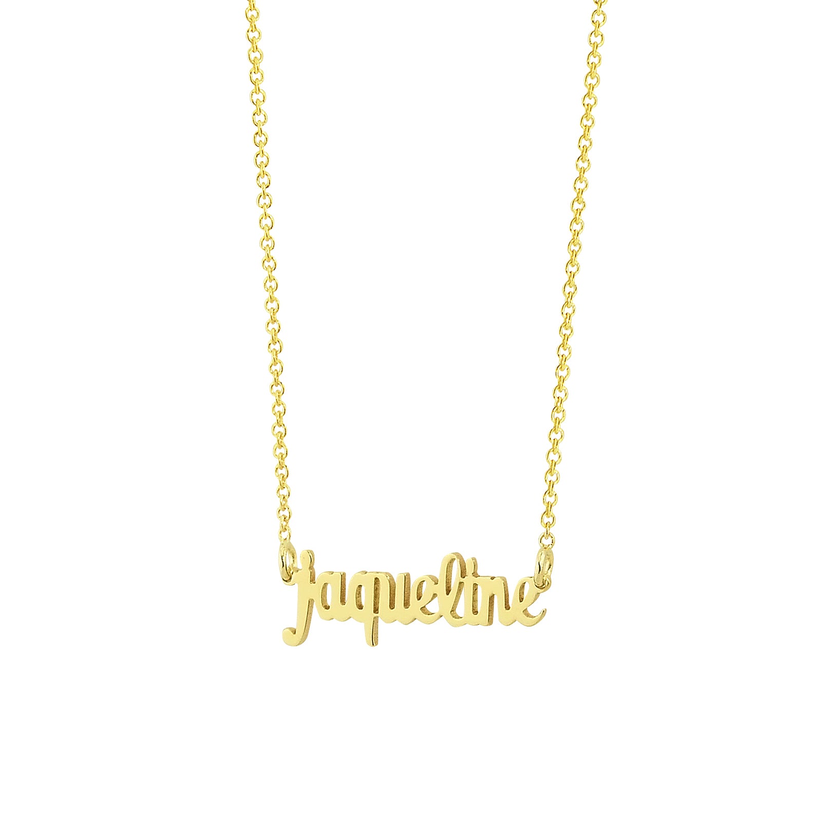 Extra small solid gold personalized name necklace spelling Jacqueline on a thin gold chain