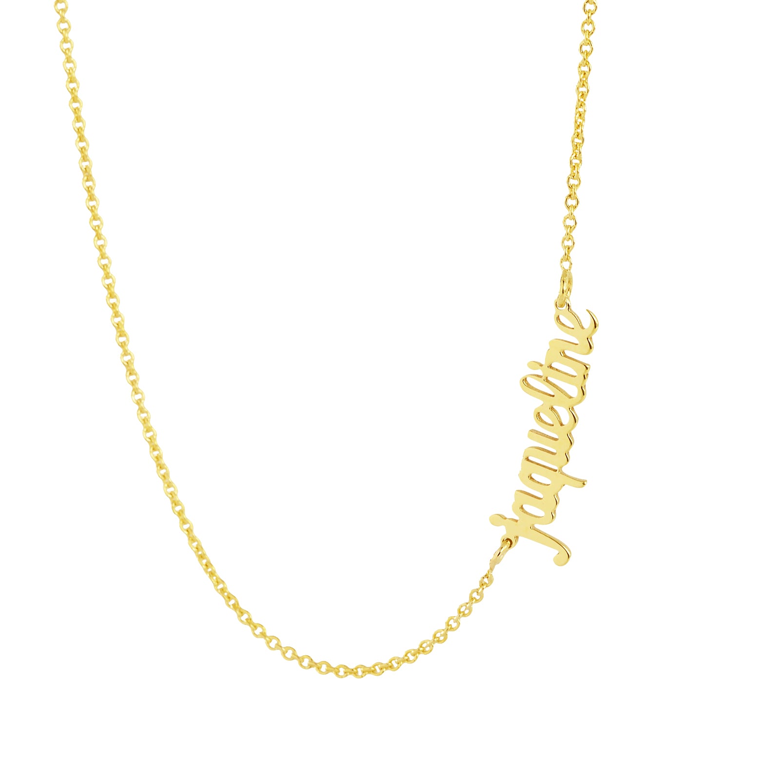 Close up view of extra small solid gold personalized name pendant