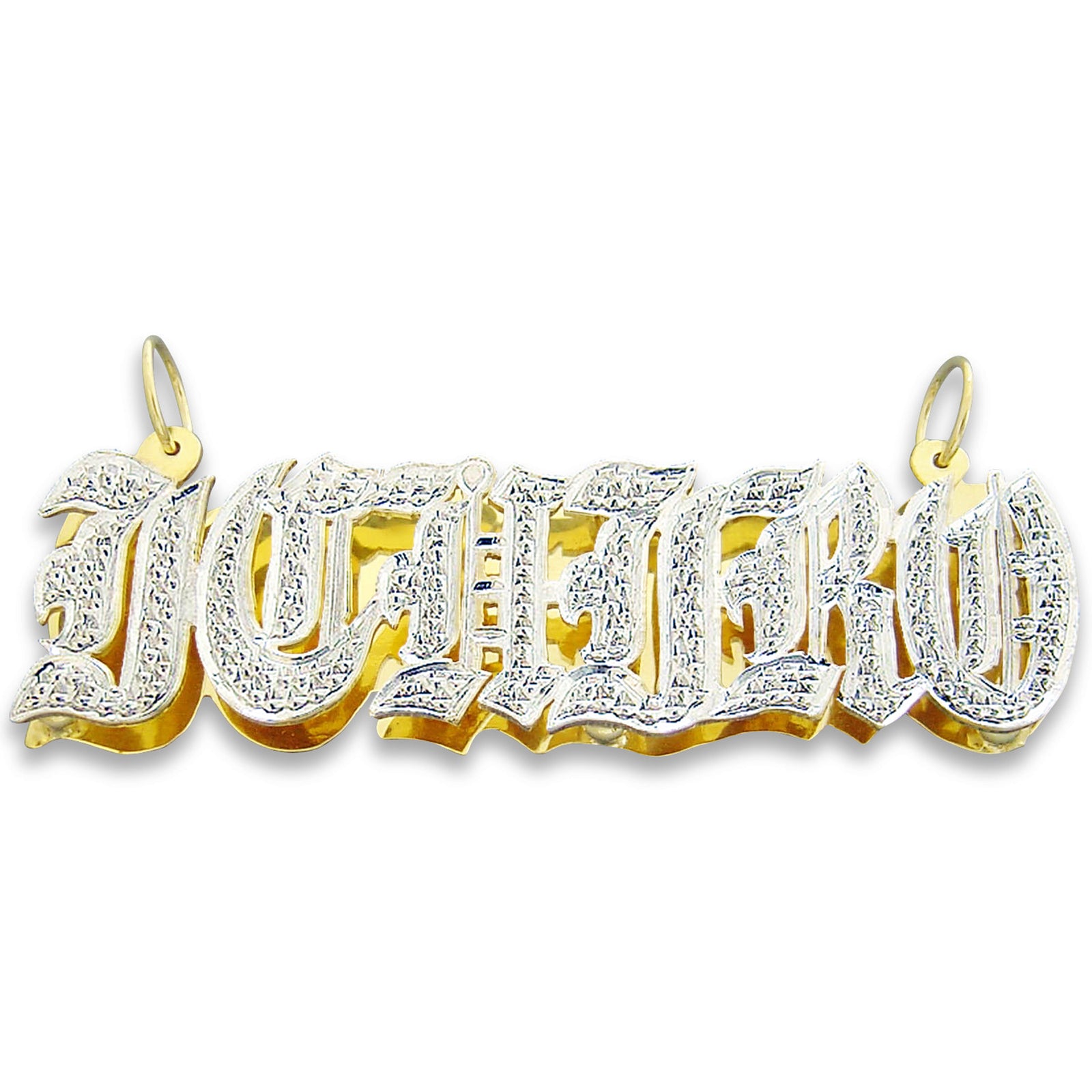 Custom 3d double plated solid gold name pendant featuring Old English lettering with diamond accents.
