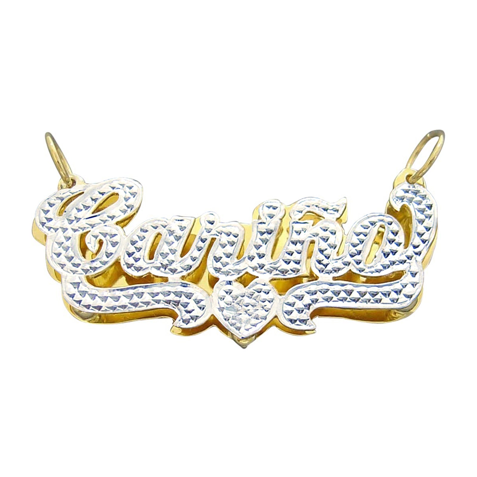 Junior size 3D iced out personalized name pendant in solid 10k yellow gold with diamond accents.