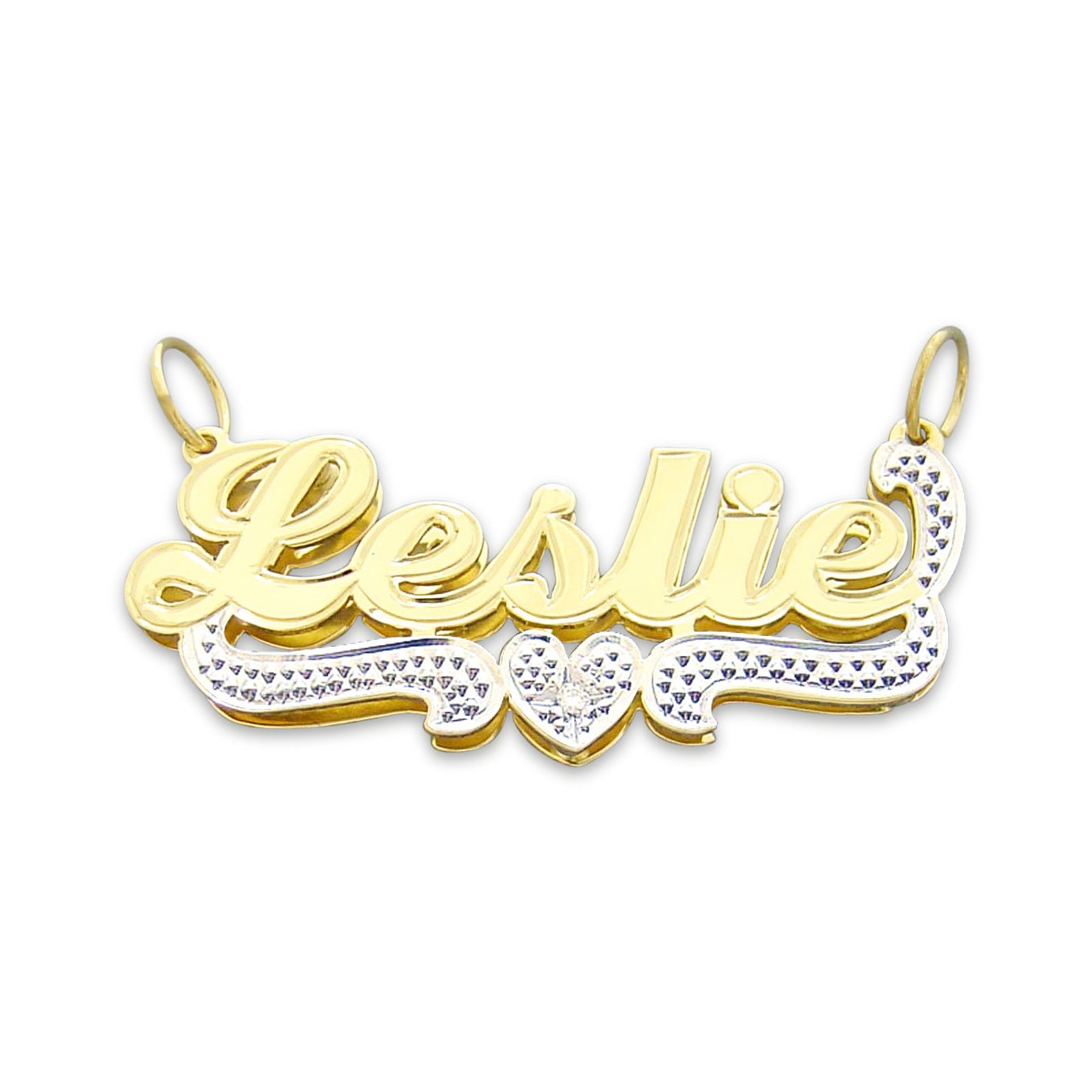 Junior solid 10k yellow gold 3D double plate name pendant with Leslie written in fancy script