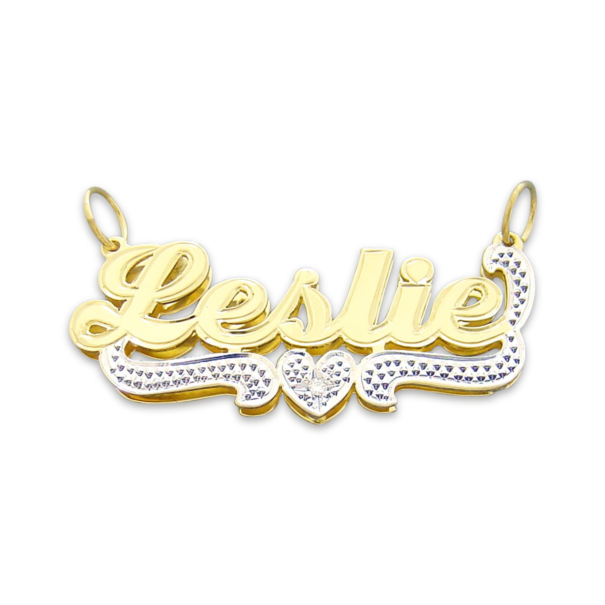 Junior solid 10k yellow gold 3D double plate name pendant with Leslie written in fancy script