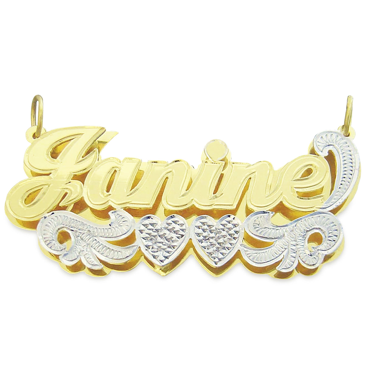 Large 3D custom gold name pendant featuring the name Janine with diamond-cut heart accents on a white background.