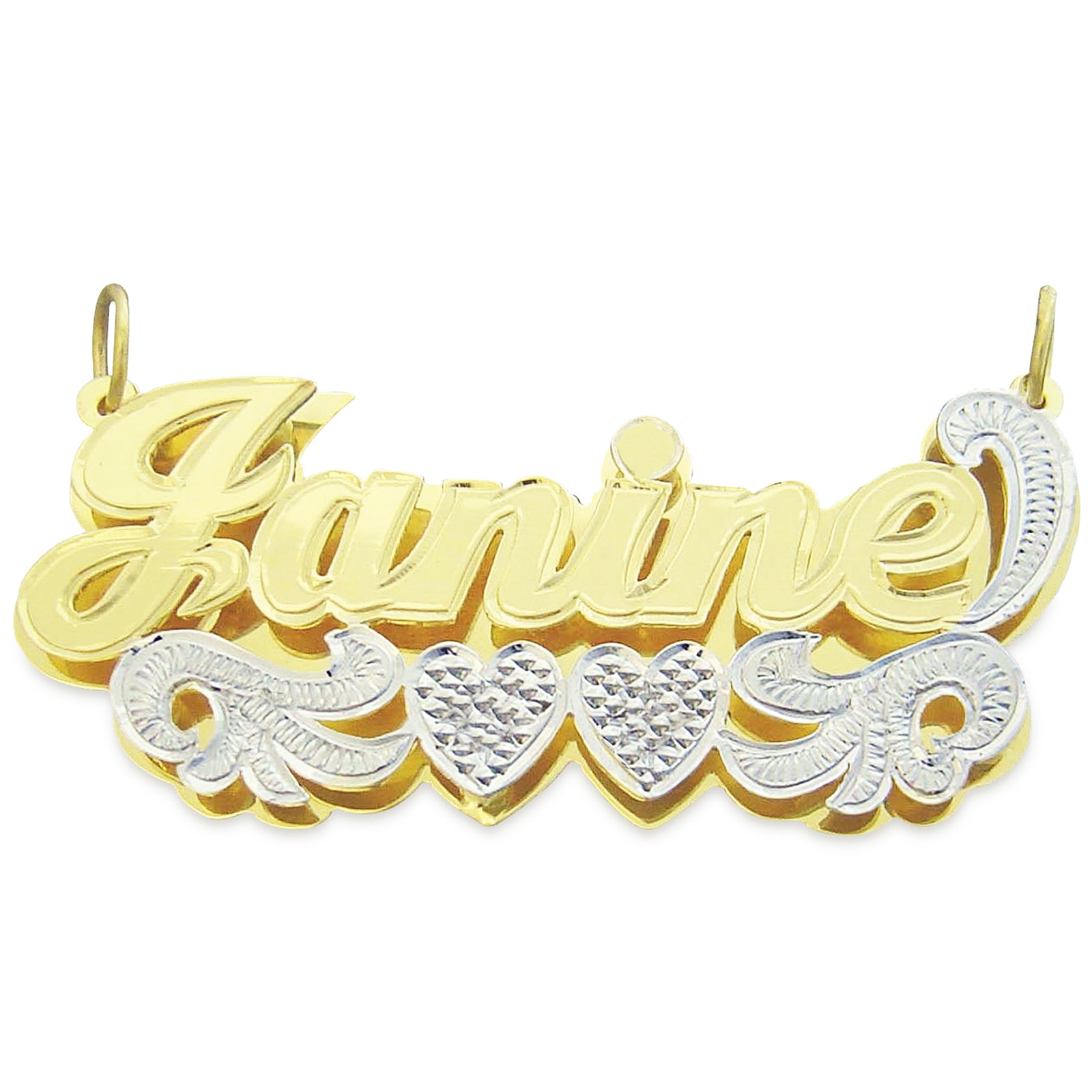 Large 3D custom gold name pendant featuring the name Janine with diamond-cut heart accents on a white background.