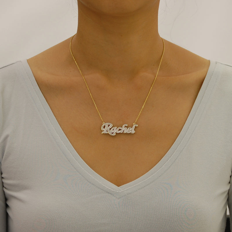 Model wearing the small size 14K custom gold double layer 3D nameplate necklace.