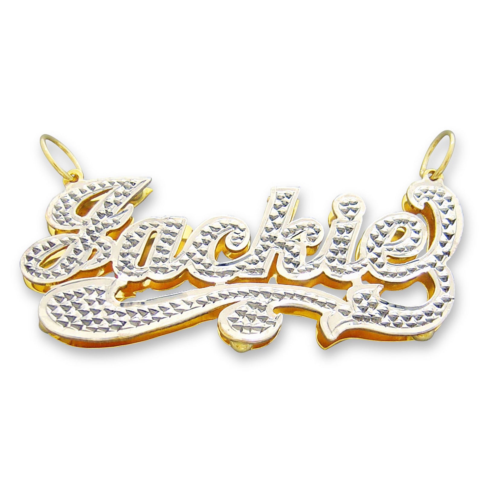 Personalized solid 10K or 14K gold 3D double plate iced out name pendant displaying the custom name Jackie.