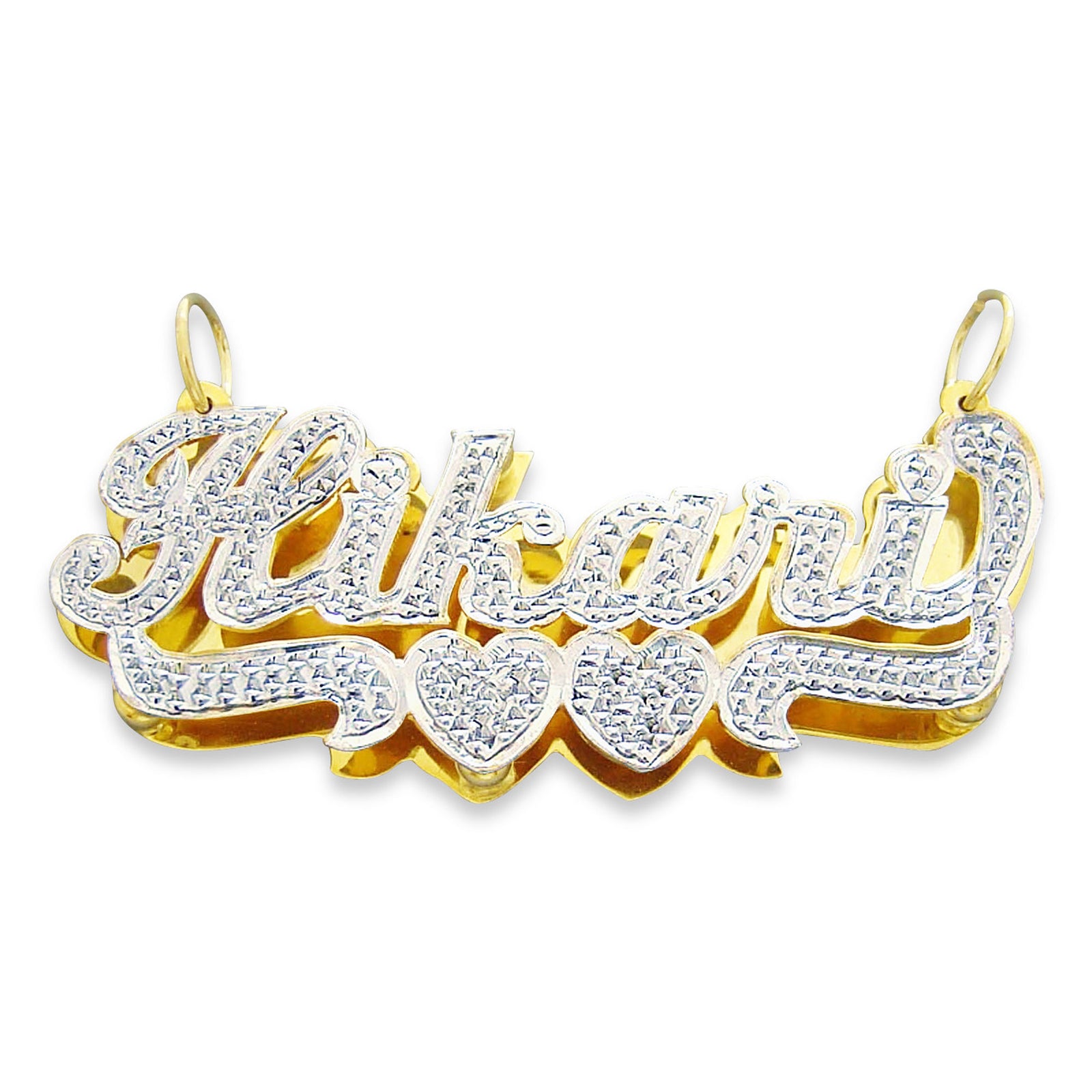 Personalized 3D diamond-cut name pendant handcrafted in solid yellow gold with double-plate construction.