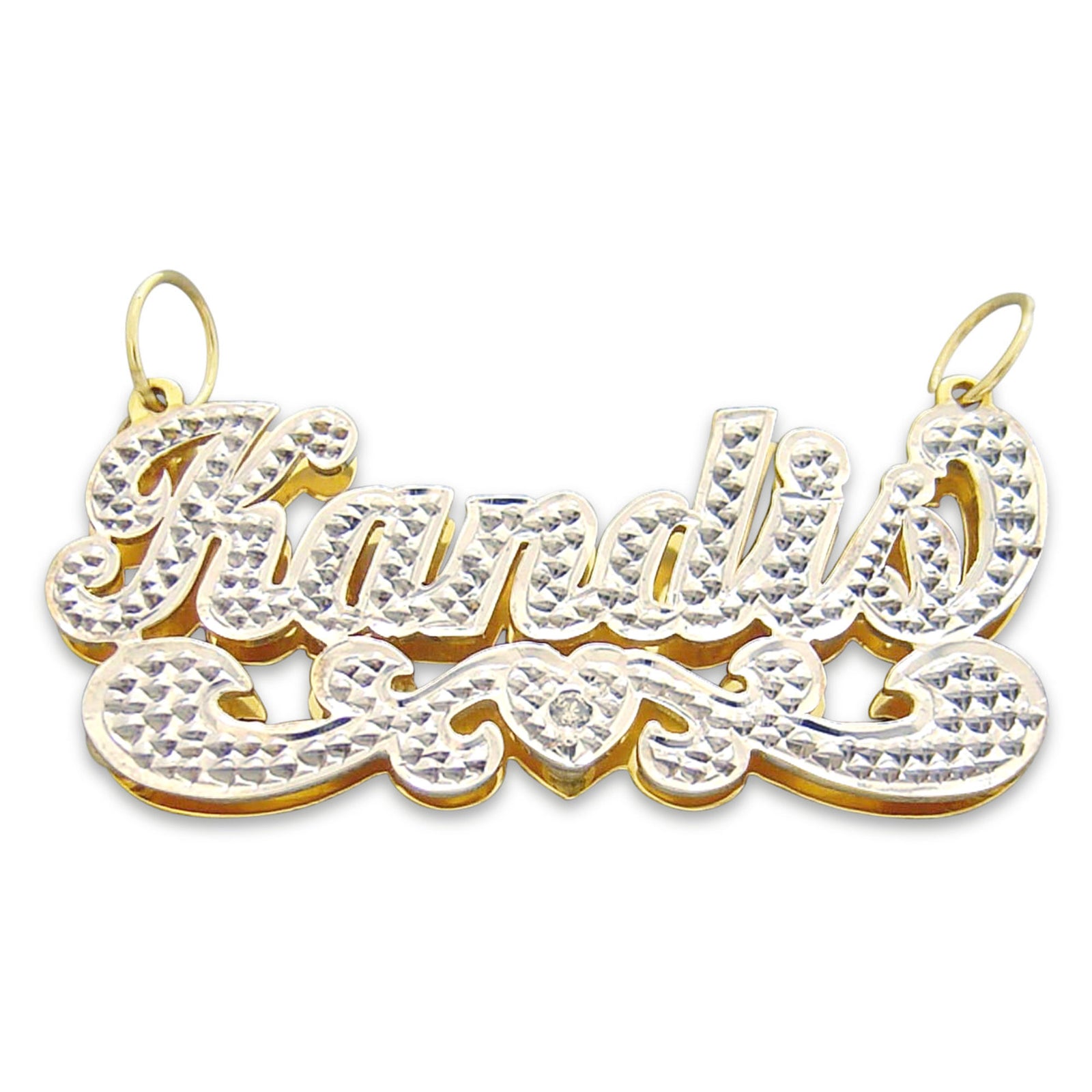 Custom personalized 3D double plate name pendant in solid yellow gold with rhodium diamond accents.