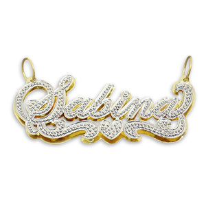 Personalized 3D double plate gold name pendant charm featuring an iced out heart accent and white rhodium detailing.