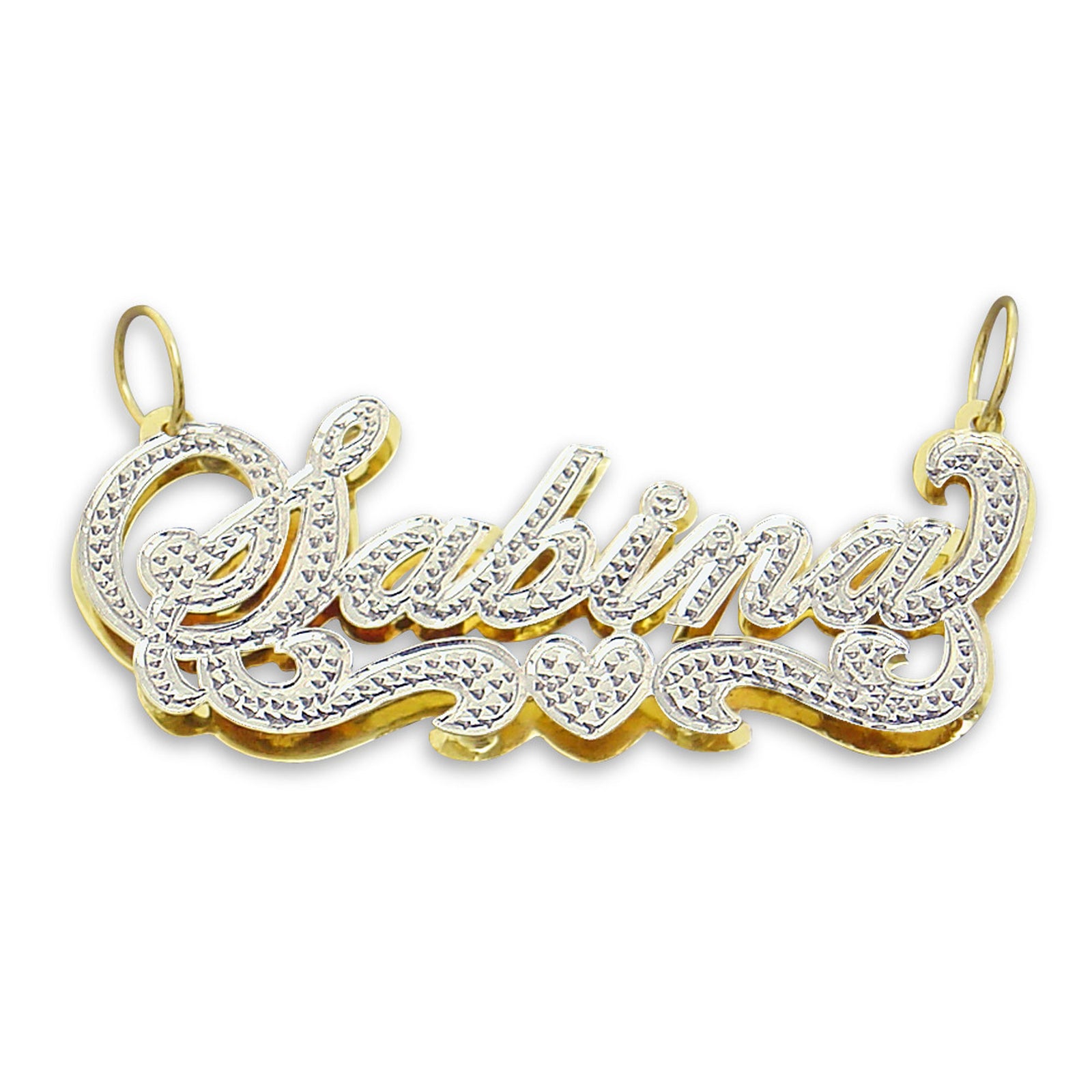 Personalized 3D double plate gold name pendant charm featuring an iced out heart accent and white rhodium detailing.