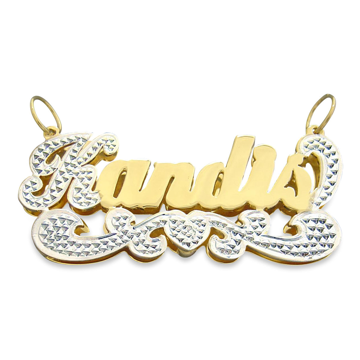 Custom 3D double plate gold name pendant spelling Kandis with two-tone white rhodium diamond accents and heart tail detail.