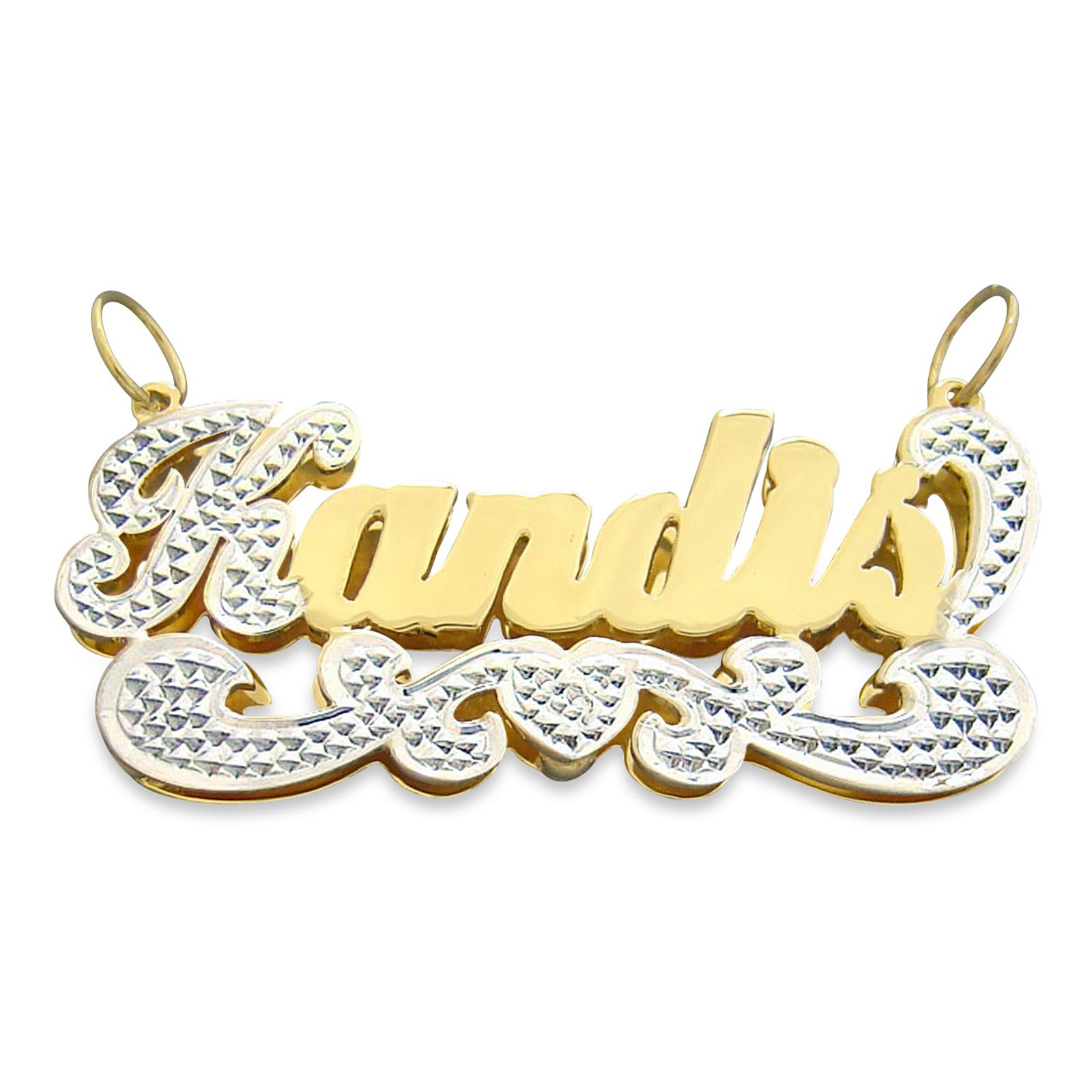Custom 3D double plate gold name pendant spelling Kandis with two-tone white rhodium diamond accents and heart tail detail.