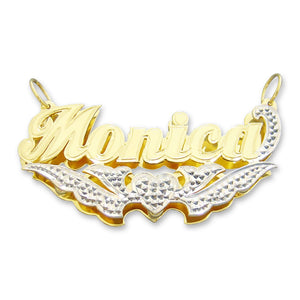 Personalized 3D solid gold name pendant 'Monica' with two-tone rhodium heart and diamond accents