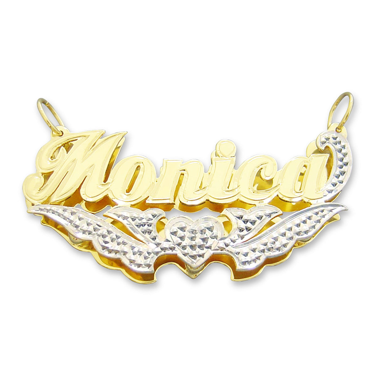 Personalized 3D solid gold name pendant 'Monica' with two-tone rhodium heart and diamond accents