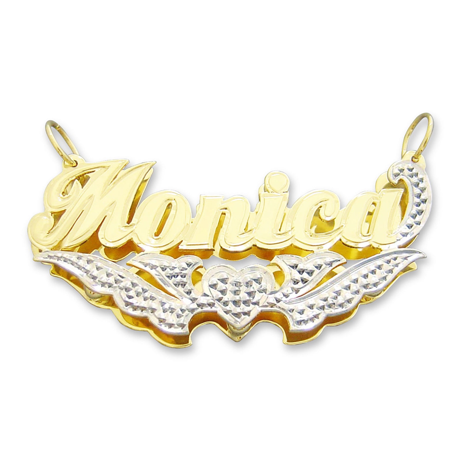 Personalized 3D solid gold name pendant 'Monica' with two-tone rhodium heart and diamond accents