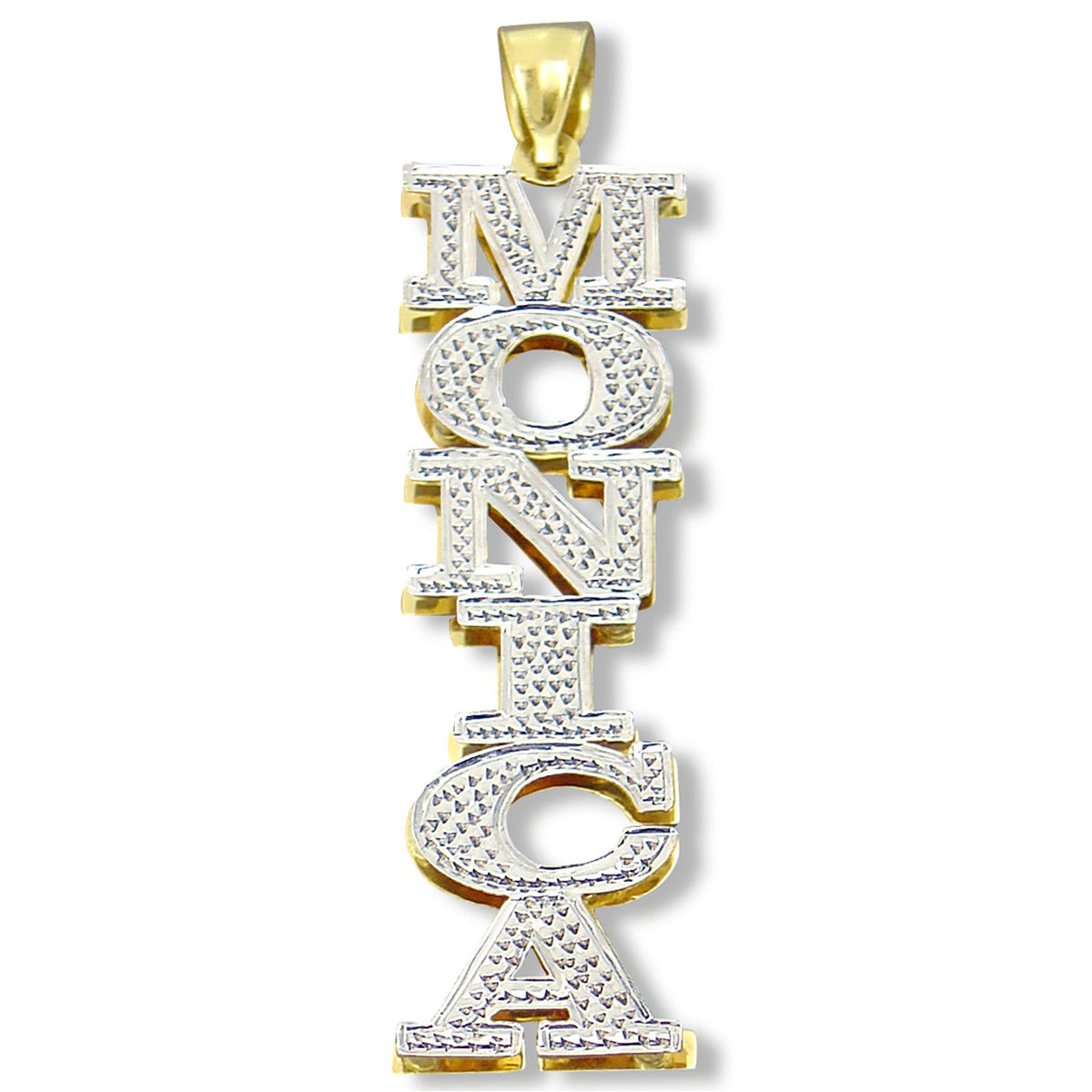 Custom 3D double plate vertical gold name pendant with iced out rhodium block letters
