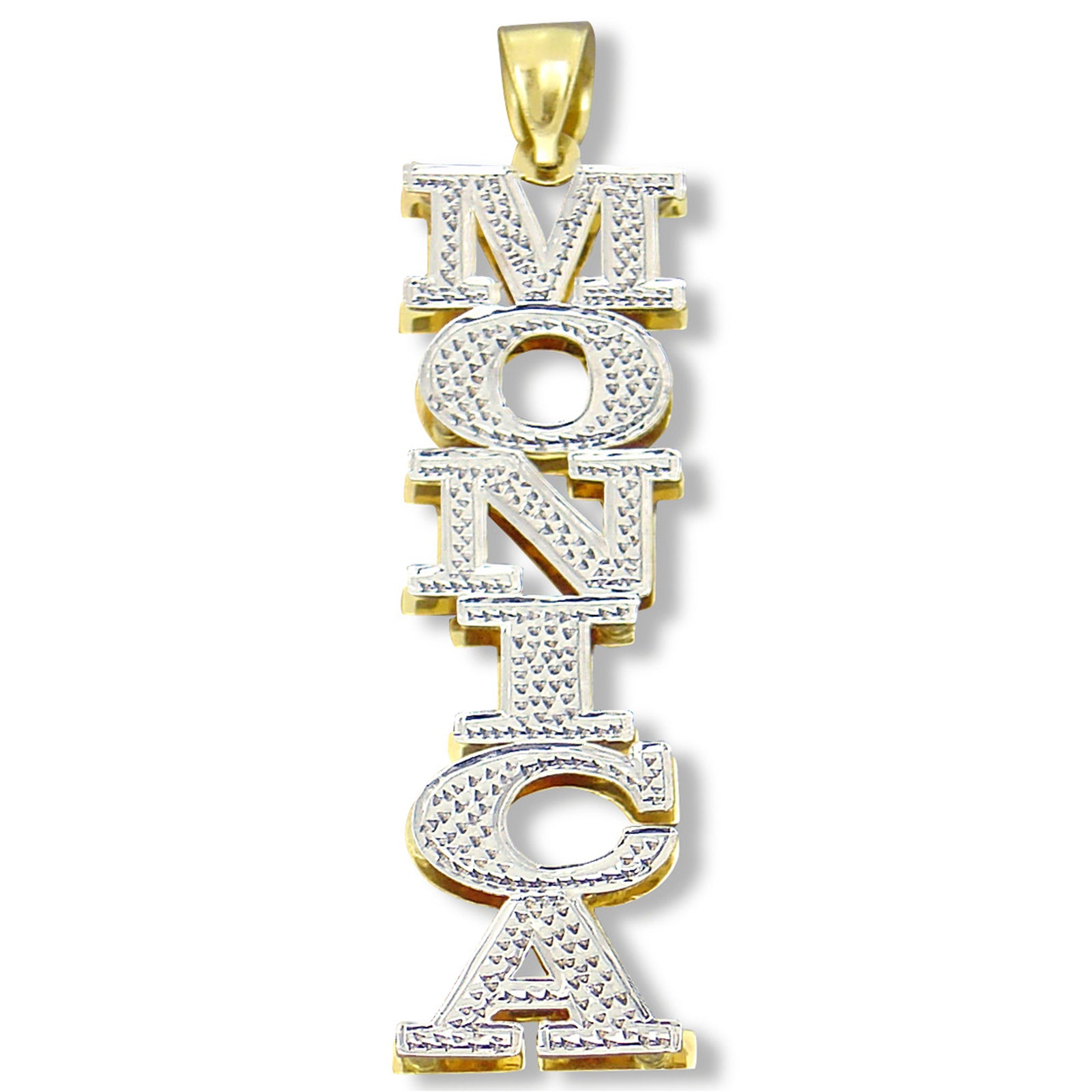 Custom 3D double plate vertical gold name pendant with iced out rhodium block letters