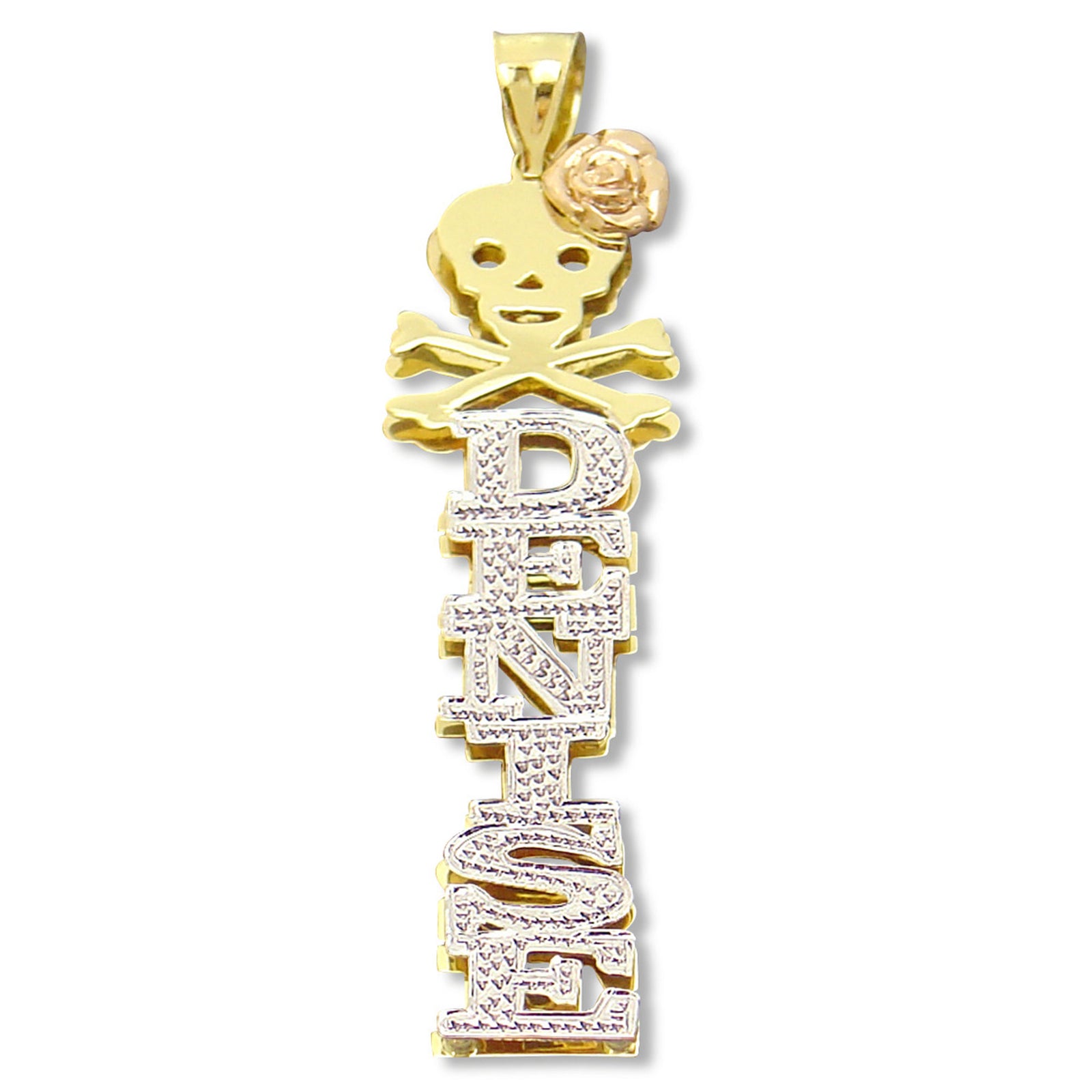 Personalized 10K solid yellow gold 3D vertical double plate nameplate pendant featuring a skull, crossbones, and rose design with diamond-cut rhodium accents.