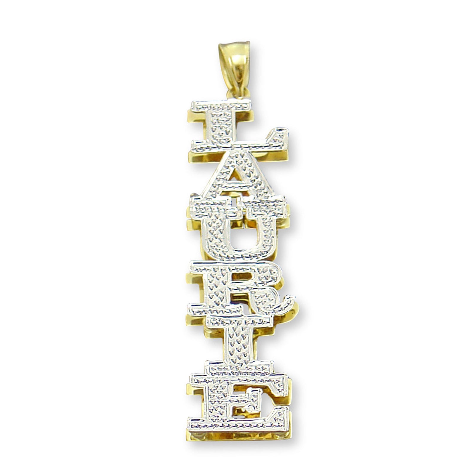 Personalized vertical name pendant in 3D double plate solid gold.