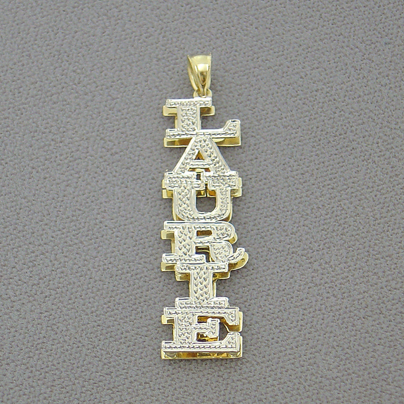Custom vertical gold name pendant with top bail loop for chain attachment.