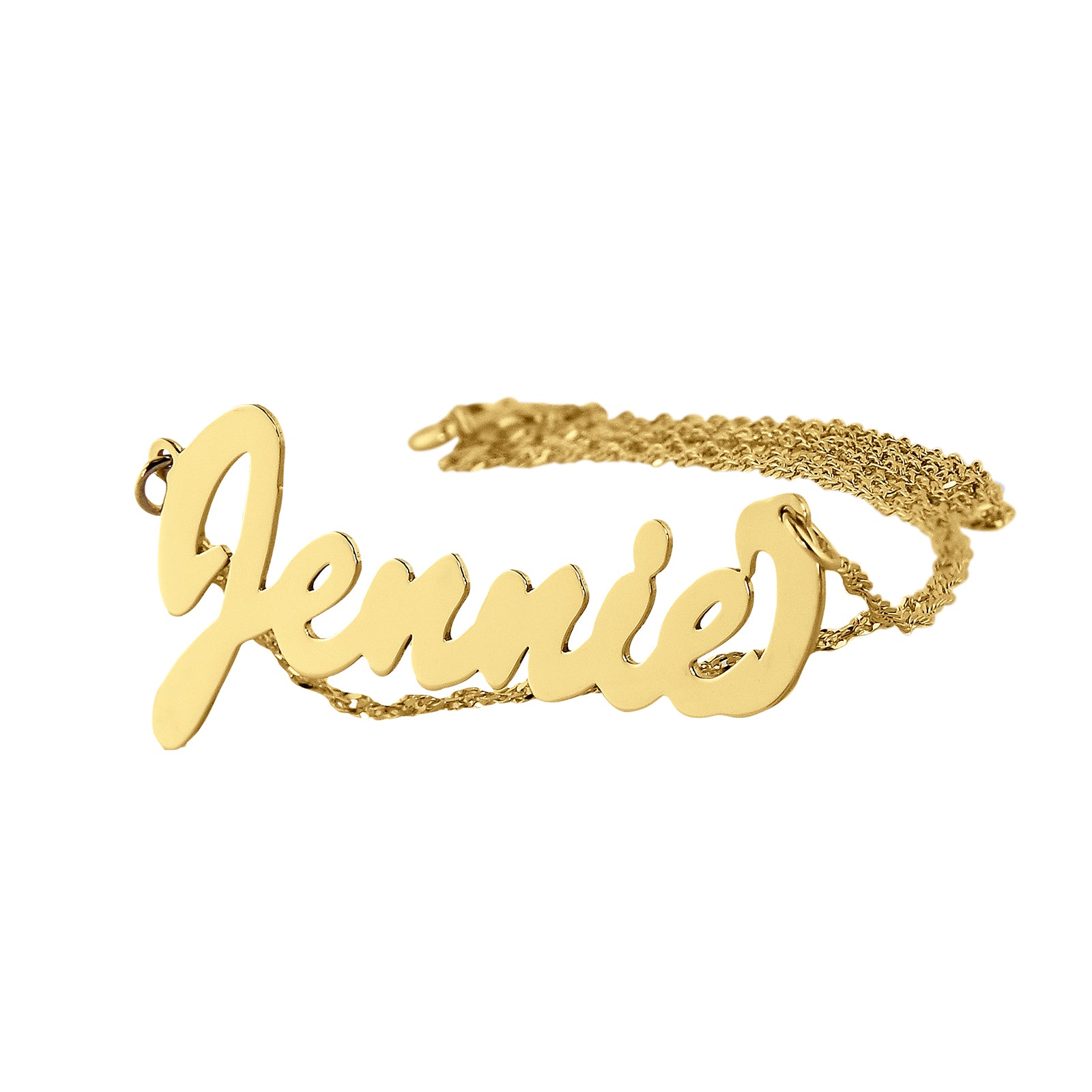 Model wearing a small cursive solid gold nameplate necklace on a fine Singapore chain.