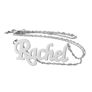 Small custom solid gold script name necklace in white gold.