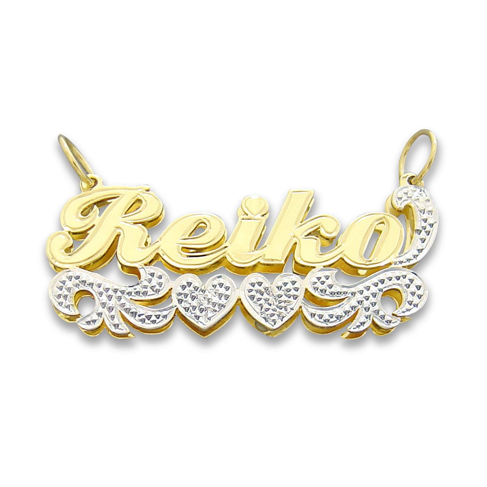 Small 10K gold 3D double plate name pendant spelling Reiko with diamond accents and two hearts underneath.