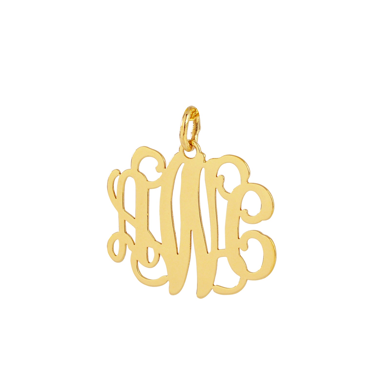 Small 10k yellow gold three-initial script monogram pendant, personalized custom jewelry