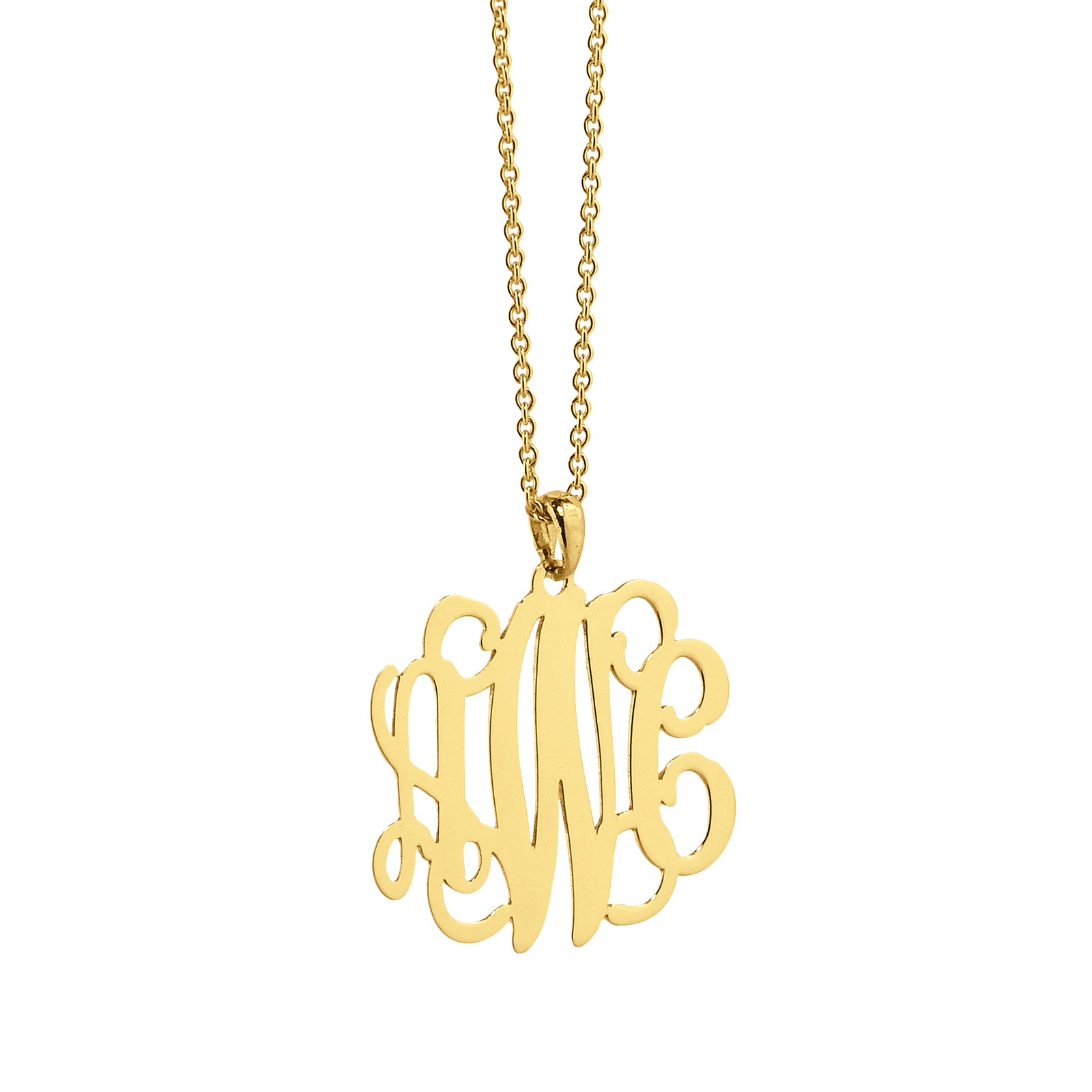 Small 10k yellow gold three-initial script monogram pendant necklace on a delicate chain