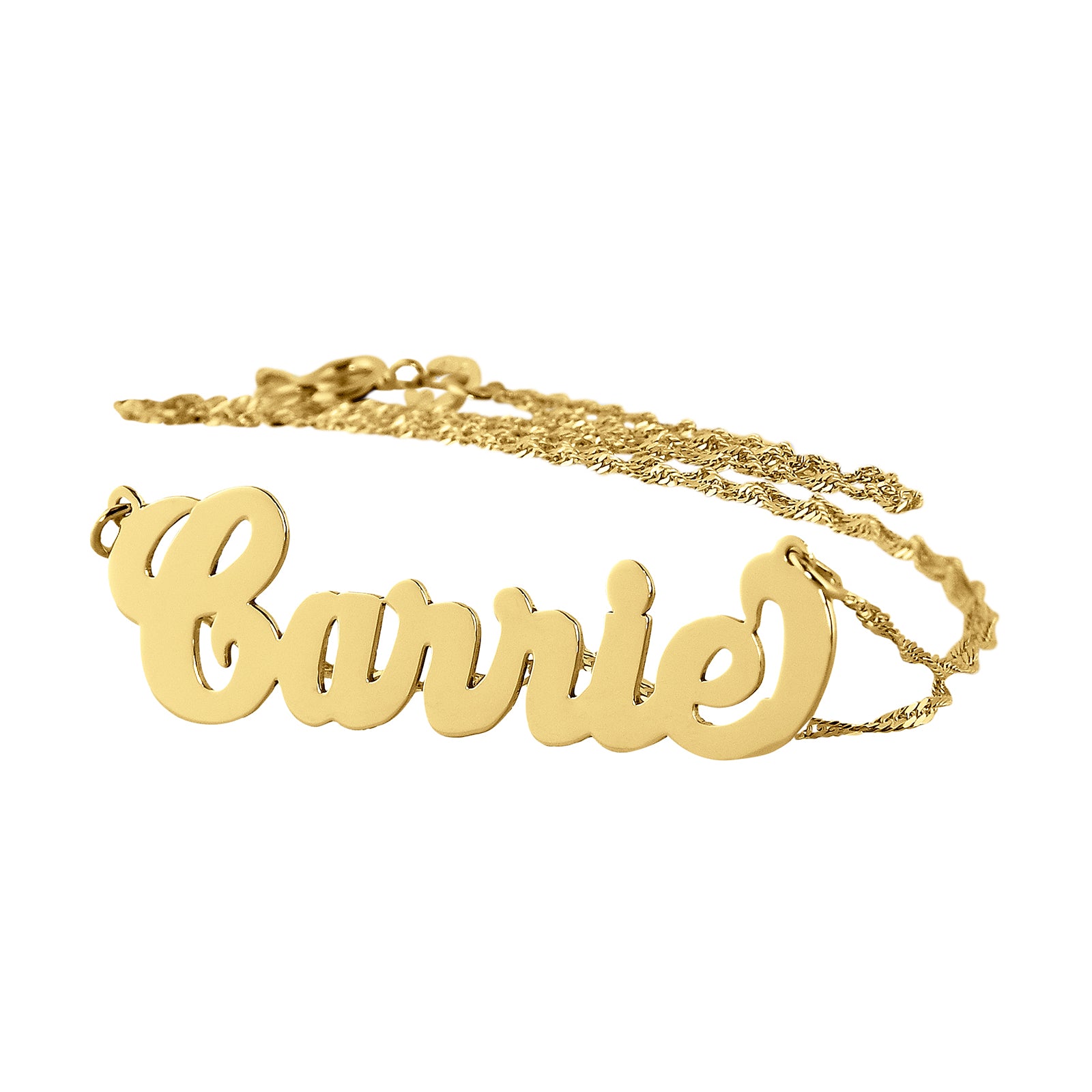 Model wearing a dainty small solid gold Carrie style custom script name necklace on a Singapore chain.