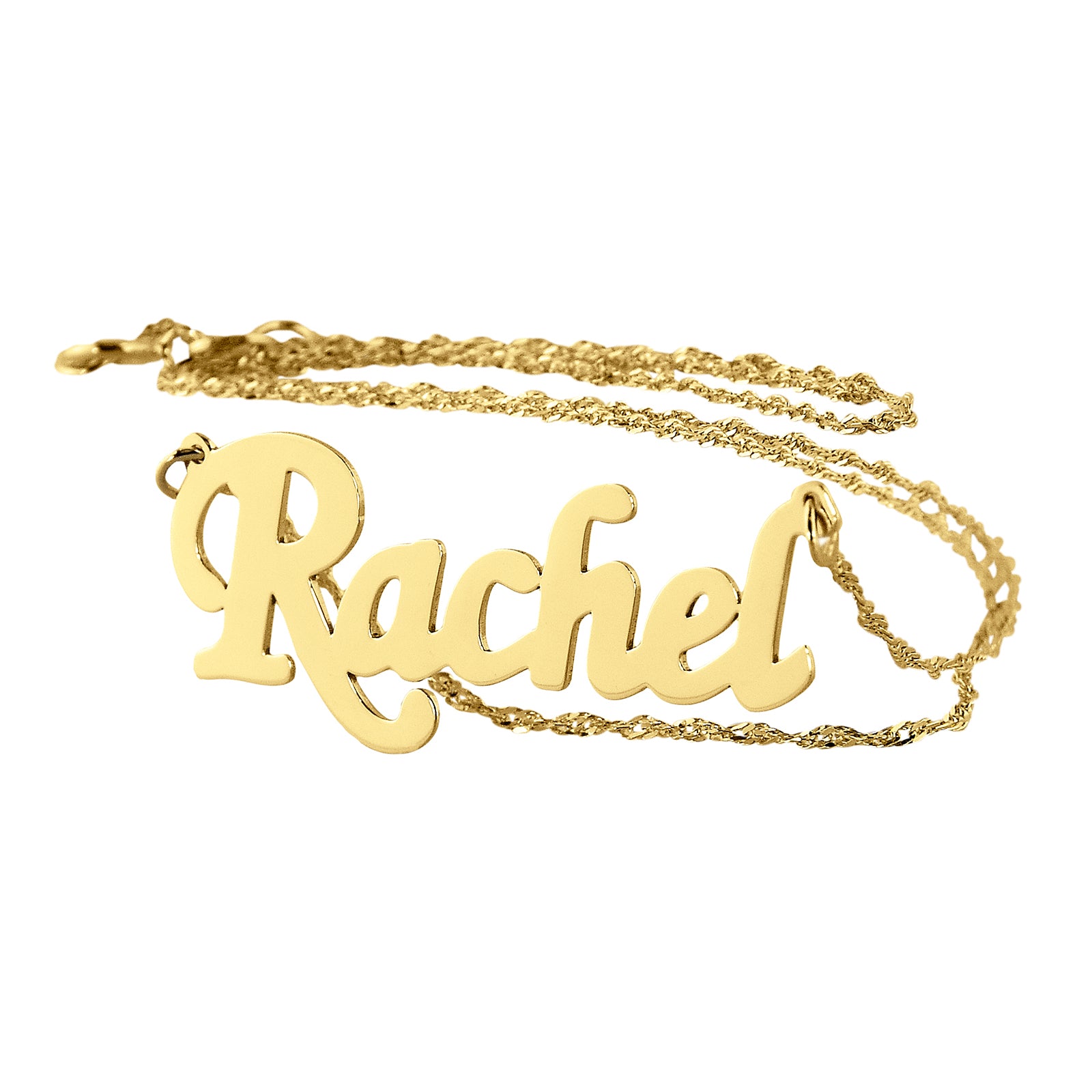 10k solid gold personalized script name necklace on display