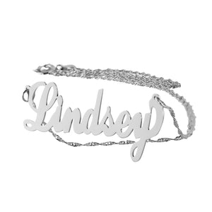 Small script font custom white gold name necklace on a white gold chain