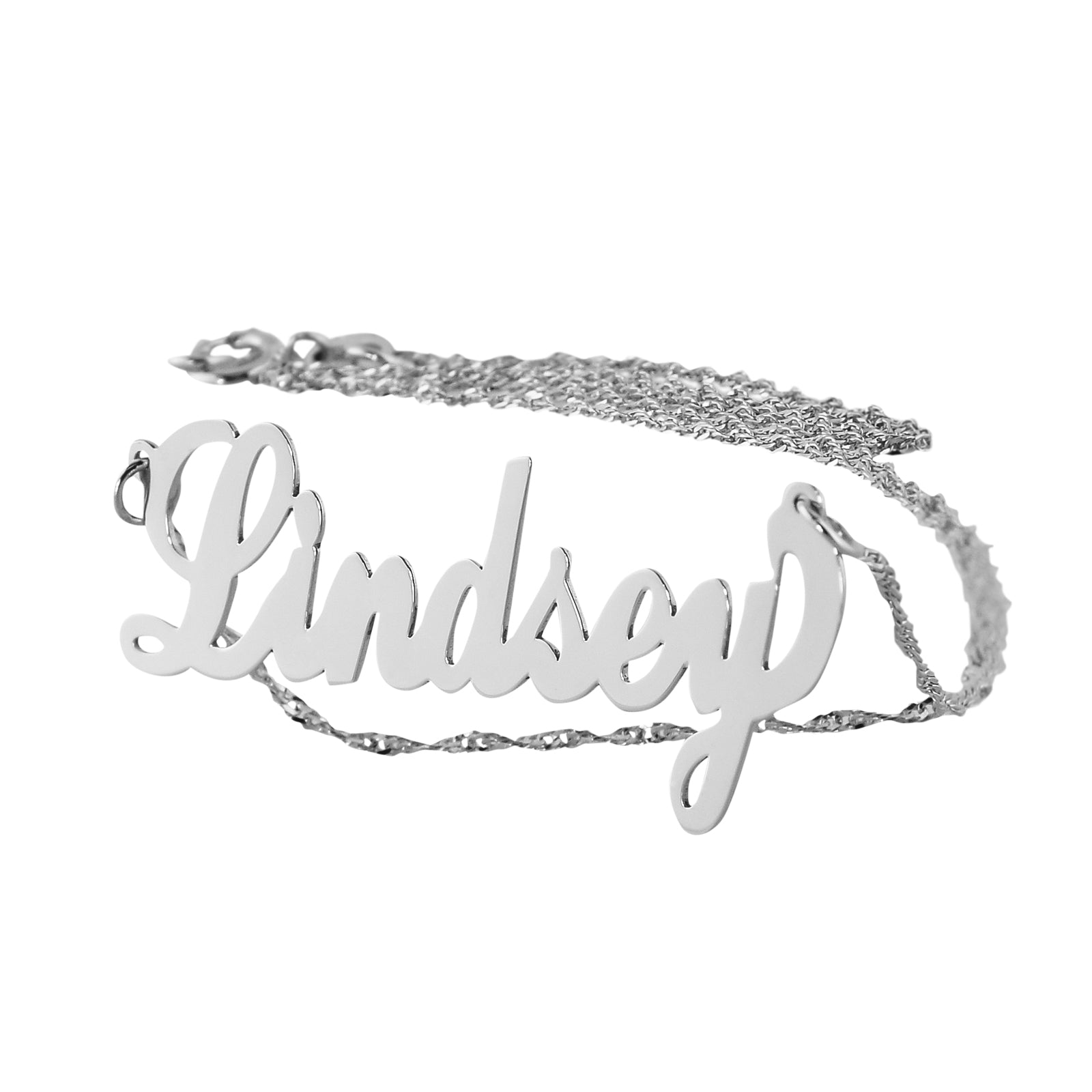 Small script font custom white gold name necklace on a white gold chain