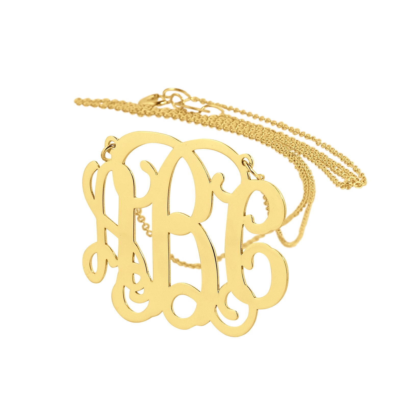 Solid 10K or 14K gold 3-initial monogram necklace with a 1-inch pendant and gold chain.