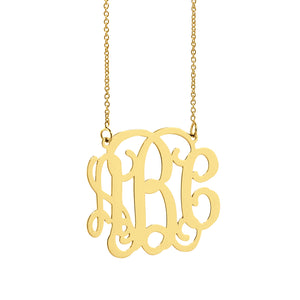 Solid 10K or 14K gold 3-initial monogram pendant, laser-cut in a 1-inch size.