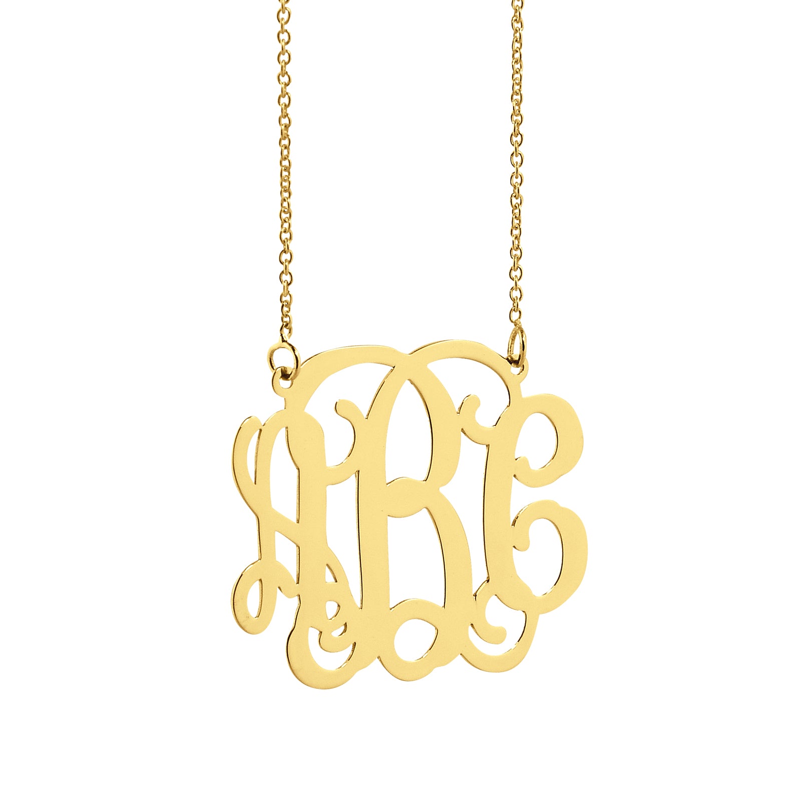 Solid 10K or 14K gold 3-initial monogram pendant, laser-cut in a 1-inch size.