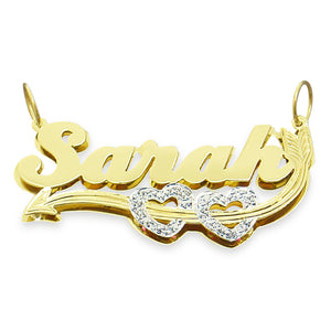 Solid 10K yellow gold custom 3D double plate name pendant spelling Sarah with Cupid's arrow and rhodium iced hearts.