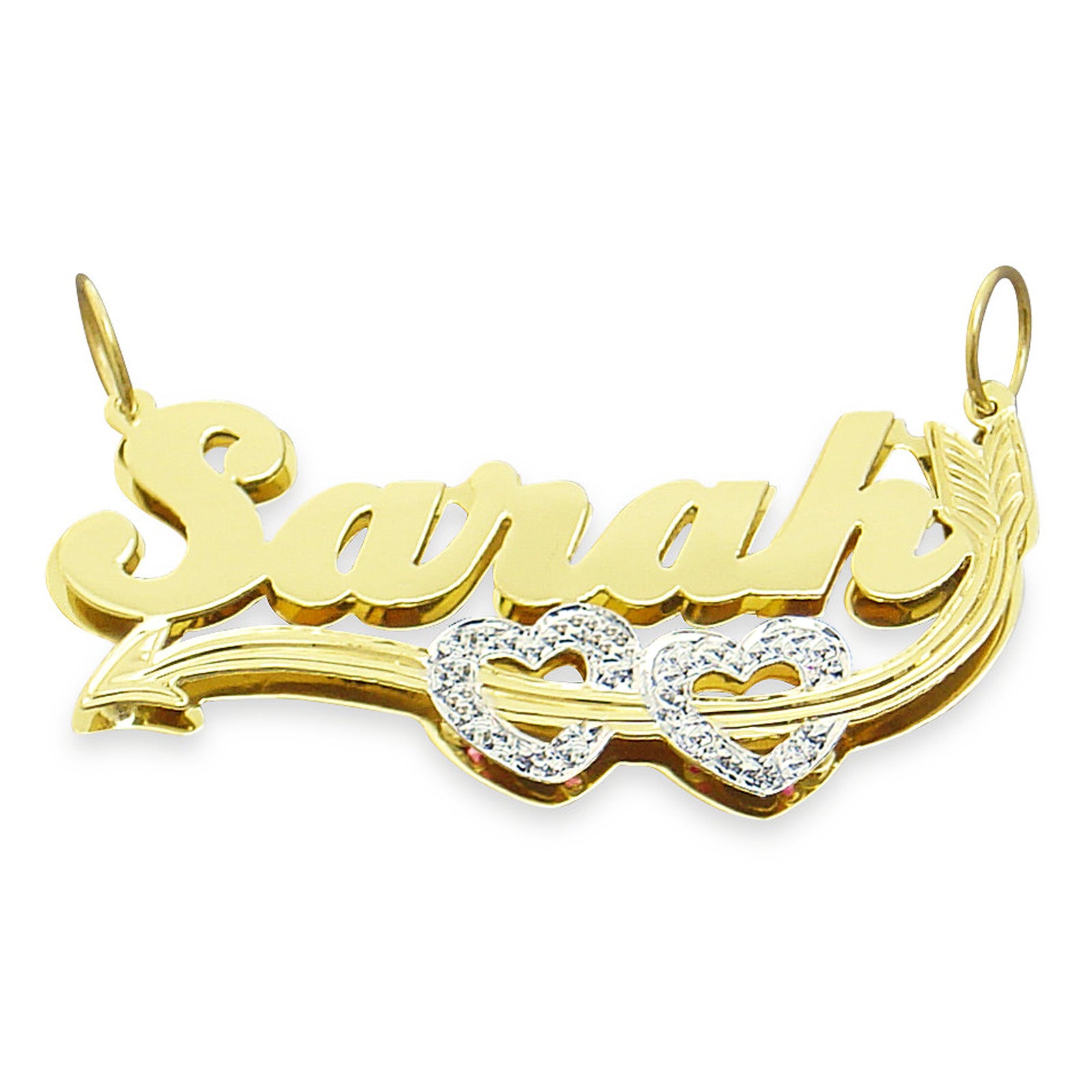 Solid 10K yellow gold custom 3D double plate name pendant spelling Sarah with Cupid's arrow and rhodium iced hearts.