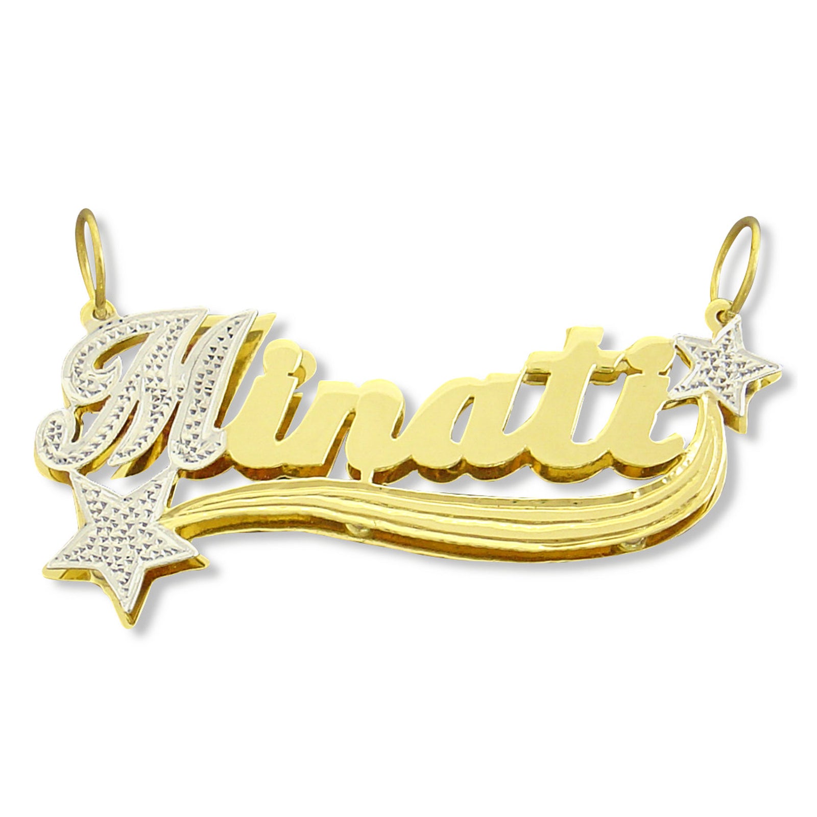 Solid 10K gold personalized 3D double-plate name pendant featuring iced-out rhodium-plated star accents and custom cursive script lettering.