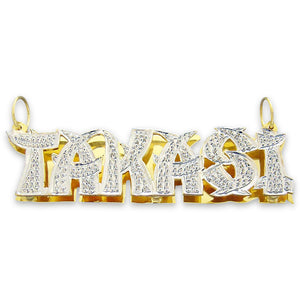 Solid 10k yellow gold custom 3D double plate iced-out name pendant featuring hand-engraved diamond pavé details spelling TAKASI.