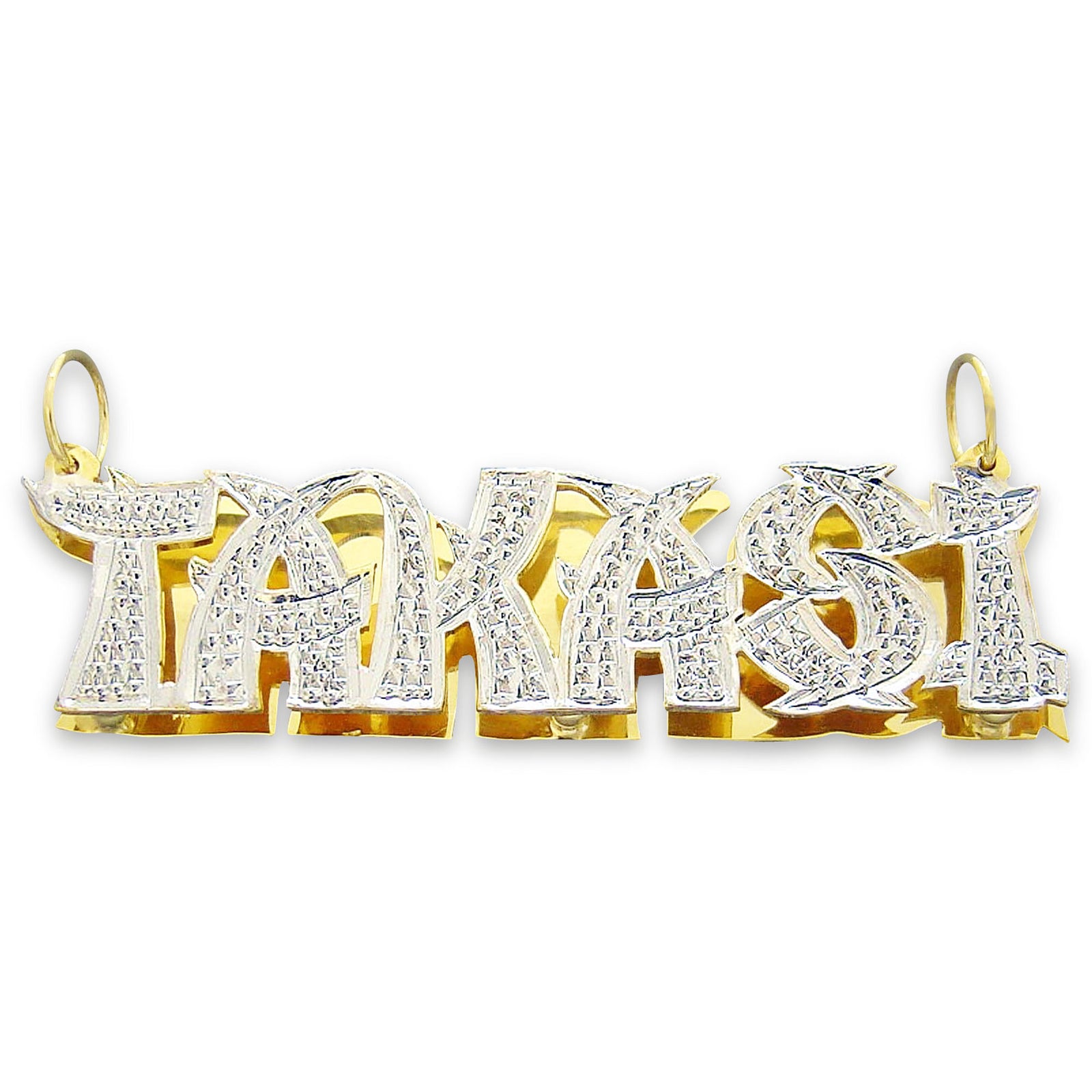 Solid 10k yellow gold custom 3D double plate iced-out name pendant featuring hand-engraved diamond pavé details spelling TAKASI.