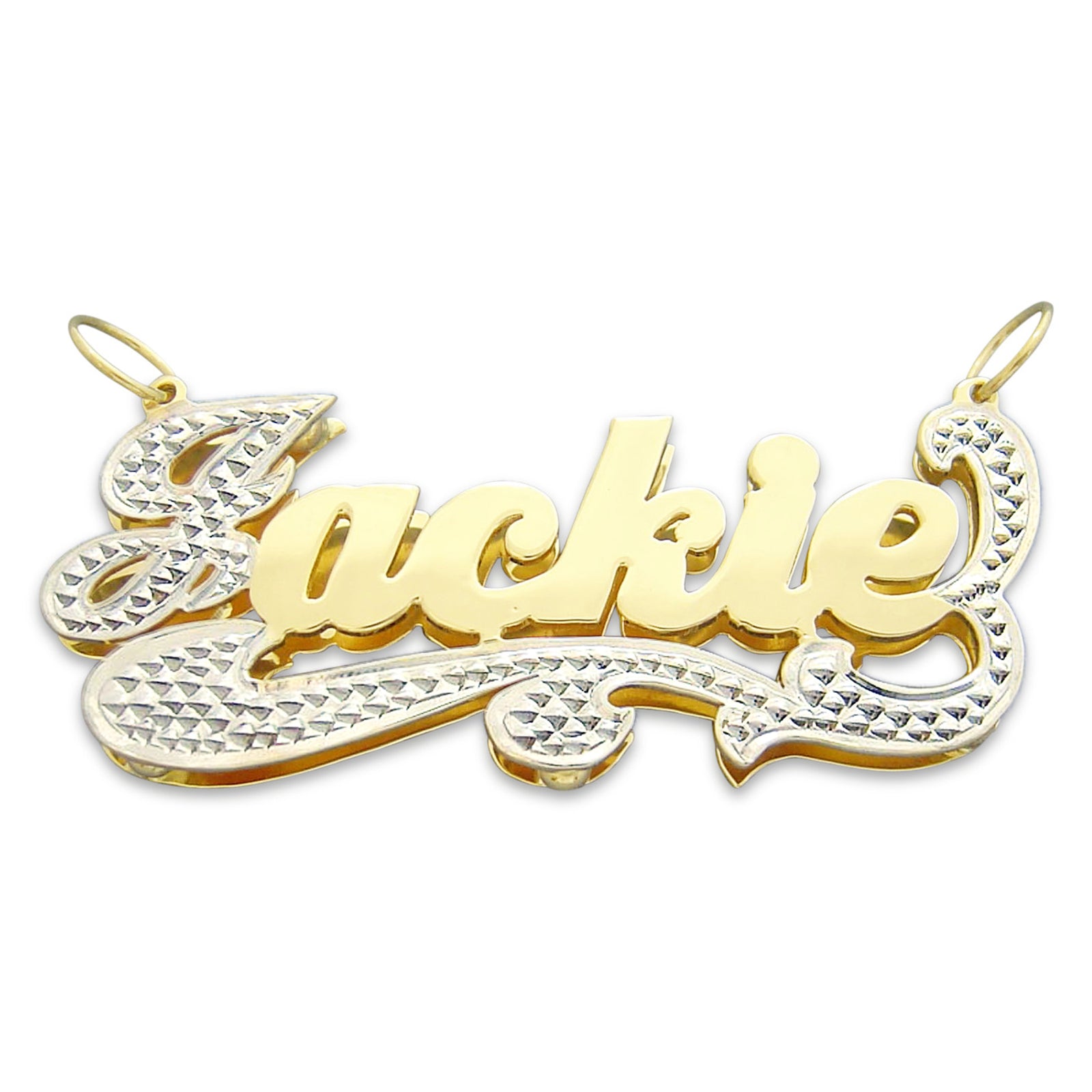 Custom 3D two-tone 10K gold name pendant charm with rhodium diamond-cut heart tail spelling Jackie.