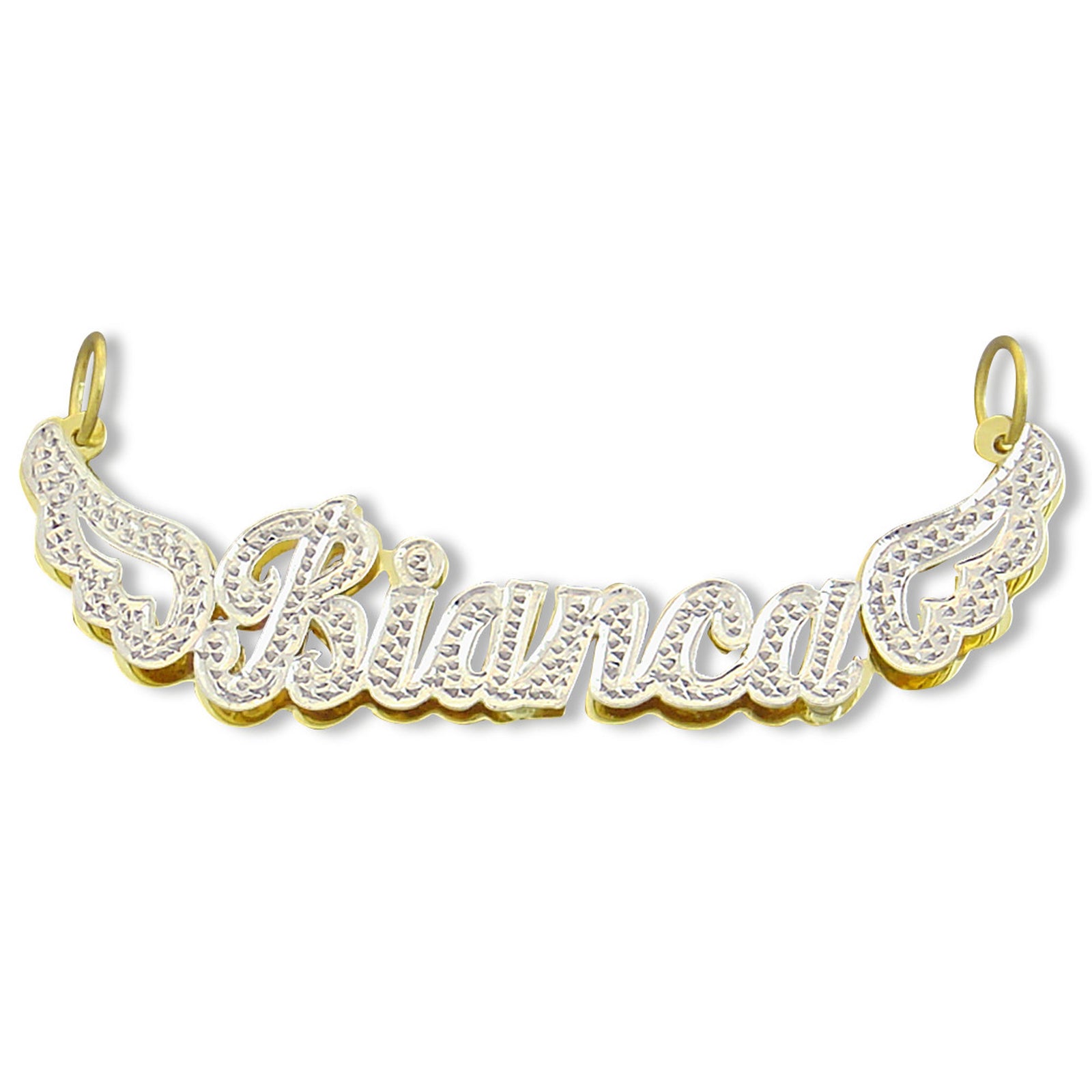 Solid 10k gold custom 3D Bianca name pendant with angel wings and diamond-cut accents.