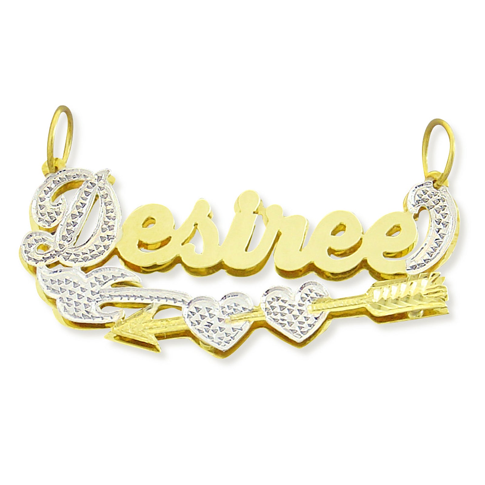 Solid gold 3D double-plated custom name pendant featuring "Desired" script with Cupid’s arrow and heart accents in 10k or 14k yellow gold.