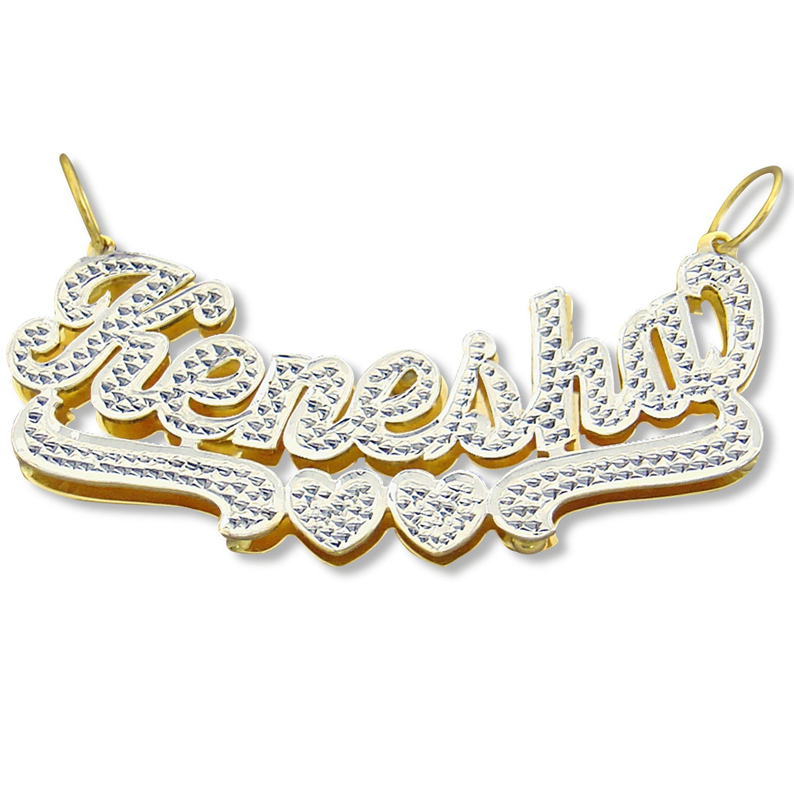 Solid 14K gold 3D double plate personalized name pendant ND39 with diamond cut script