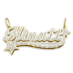 Custom 10K and 14K solid gold 3D double plate personalized star name pendant with diamond accents.