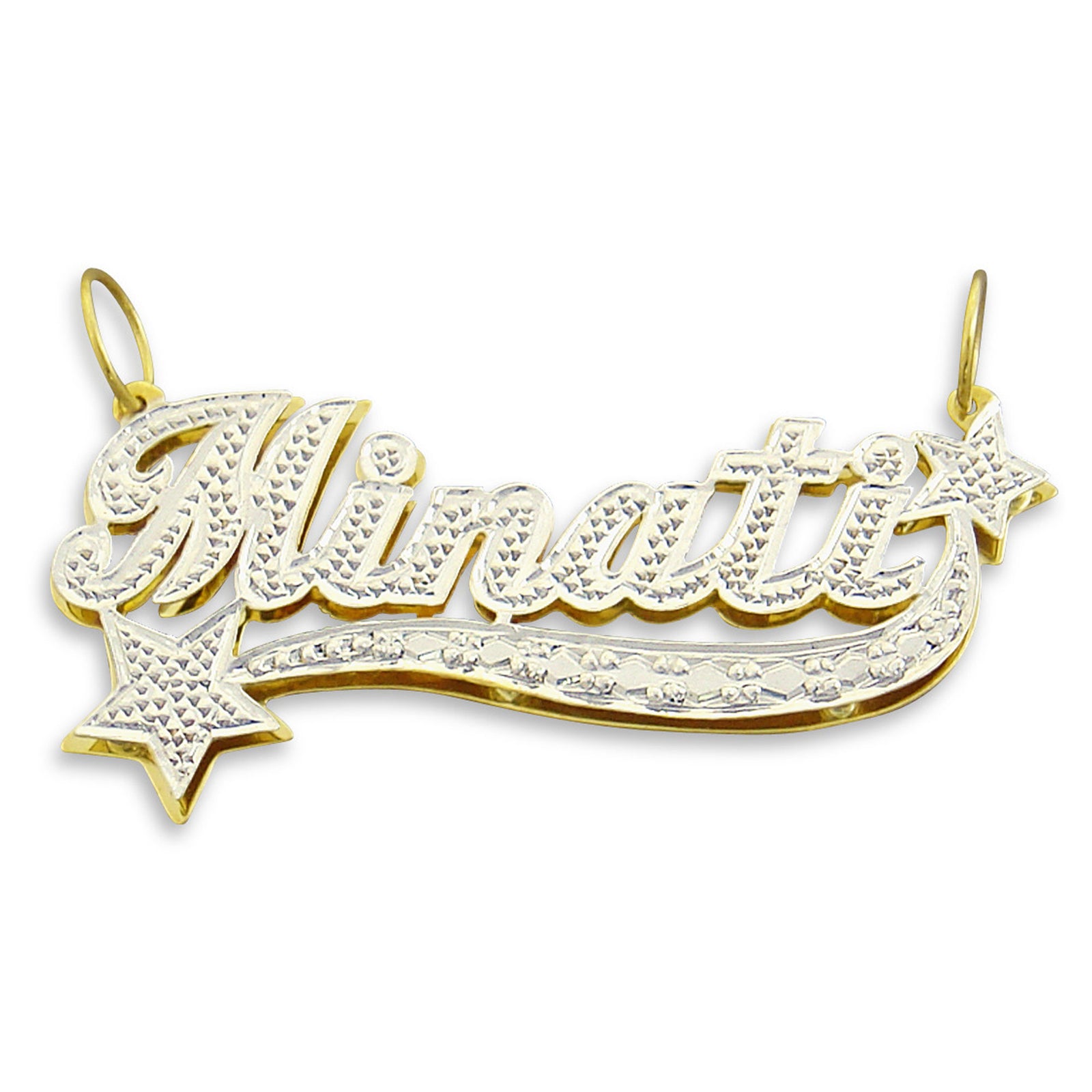Custom 10K and 14K solid gold 3D double plate personalized star name pendant with diamond accents.